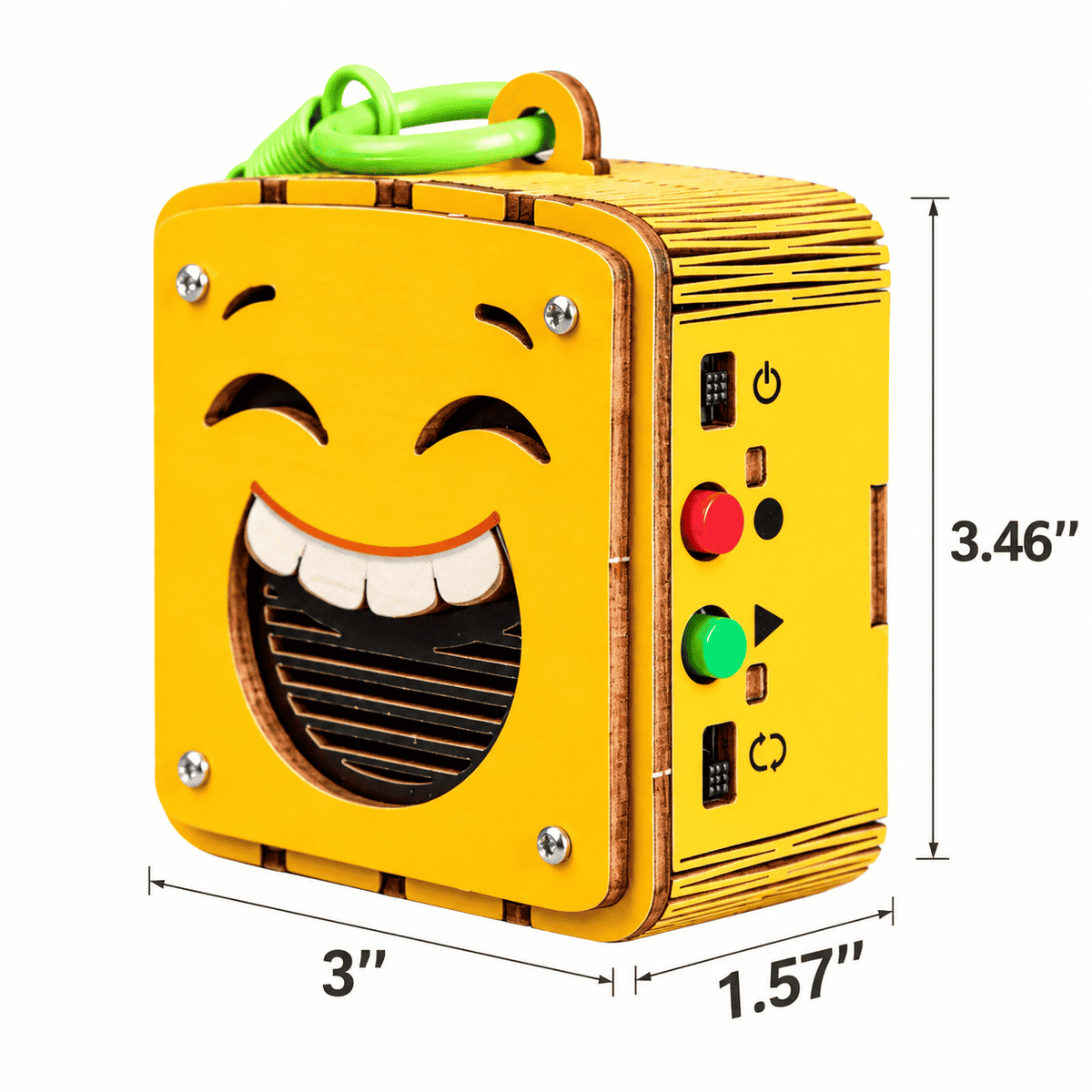 Emoji voice recorder module with measurements, yellow face, green loop clip, side controls
