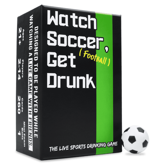Soccer drinking card game box with bold “Watch Soccer, Get Drunk” text and soccer ball