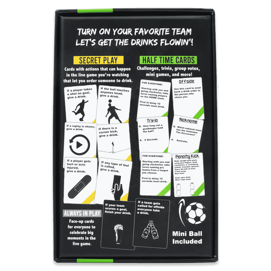Back of soccer drinking card game box showing gameplay cards and “Half Time” section
