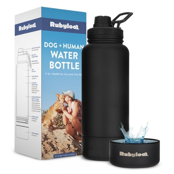 Rubyloo Dog + Human Water Bottle | Detachable 8 oz Dog Bowl | Insulated Stainless Steel | 9 Designs