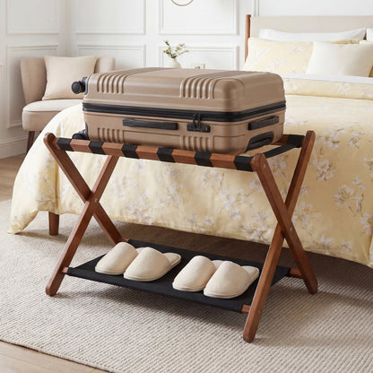 Folding Luggage Rack | Solid Rubberwood | 2-Tier | 110 lb Capacity | Fits 61–71cm Luggage | Brown or White