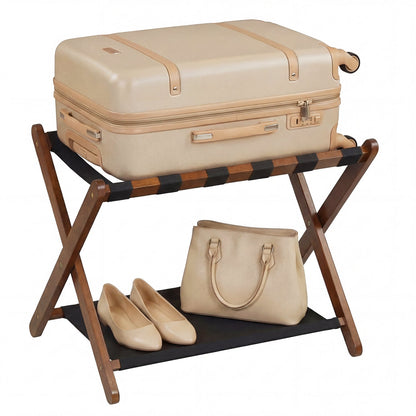 Folding Luggage Rack | Solid Rubberwood | 2-Tier | 110 lb Capacity | Fits 61–71cm Luggage | Brown or White