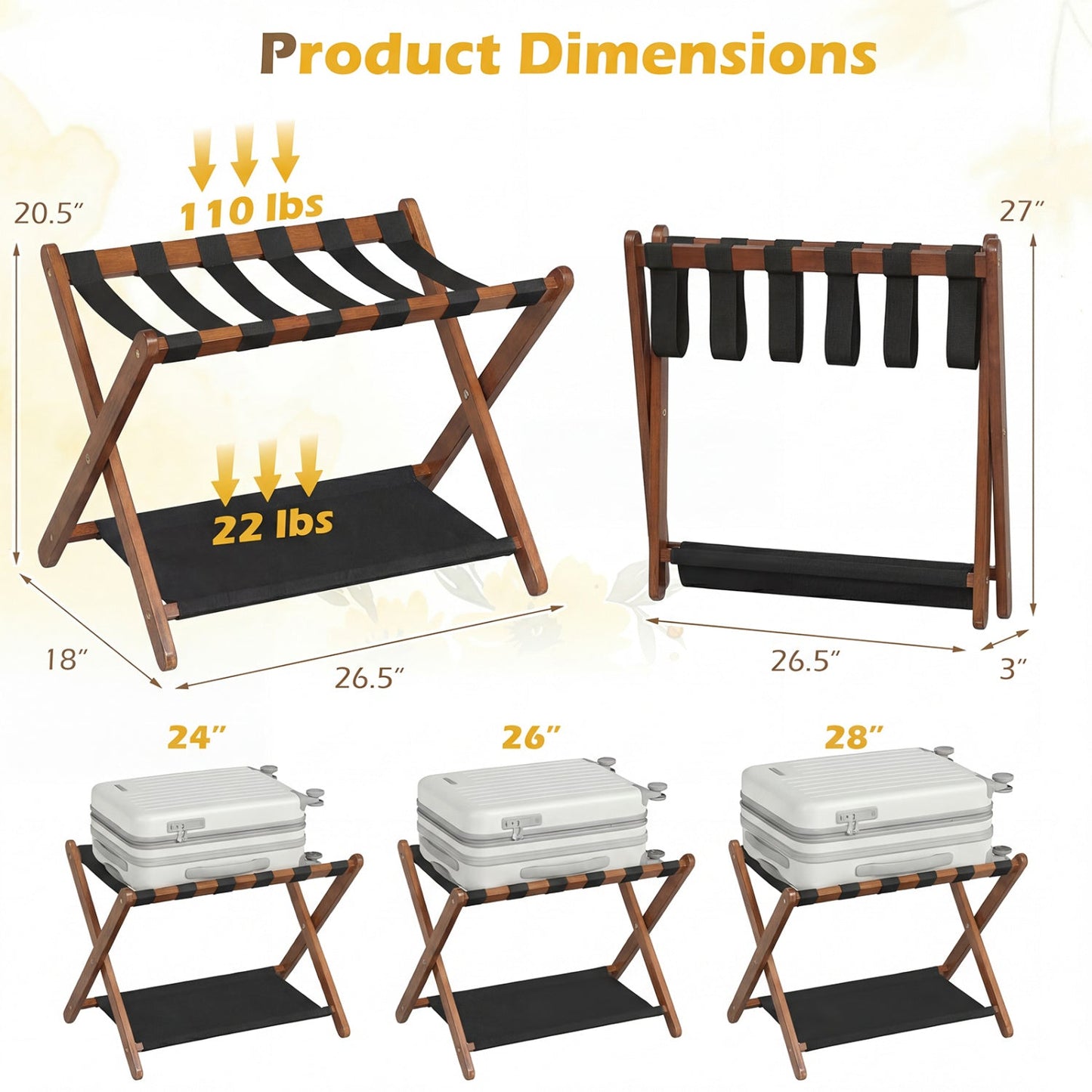 Folding Luggage Rack | Solid Rubberwood | 2-Tier | 110 lb Capacity | Fits 61–71cm Luggage | Brown or White