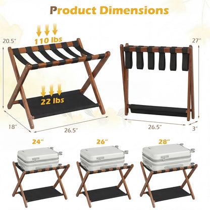 Folding Luggage Rack | Solid Rubberwood | 2-Tier | 110 lb Capacity | Fits 61–71cm Luggage | Brown or White