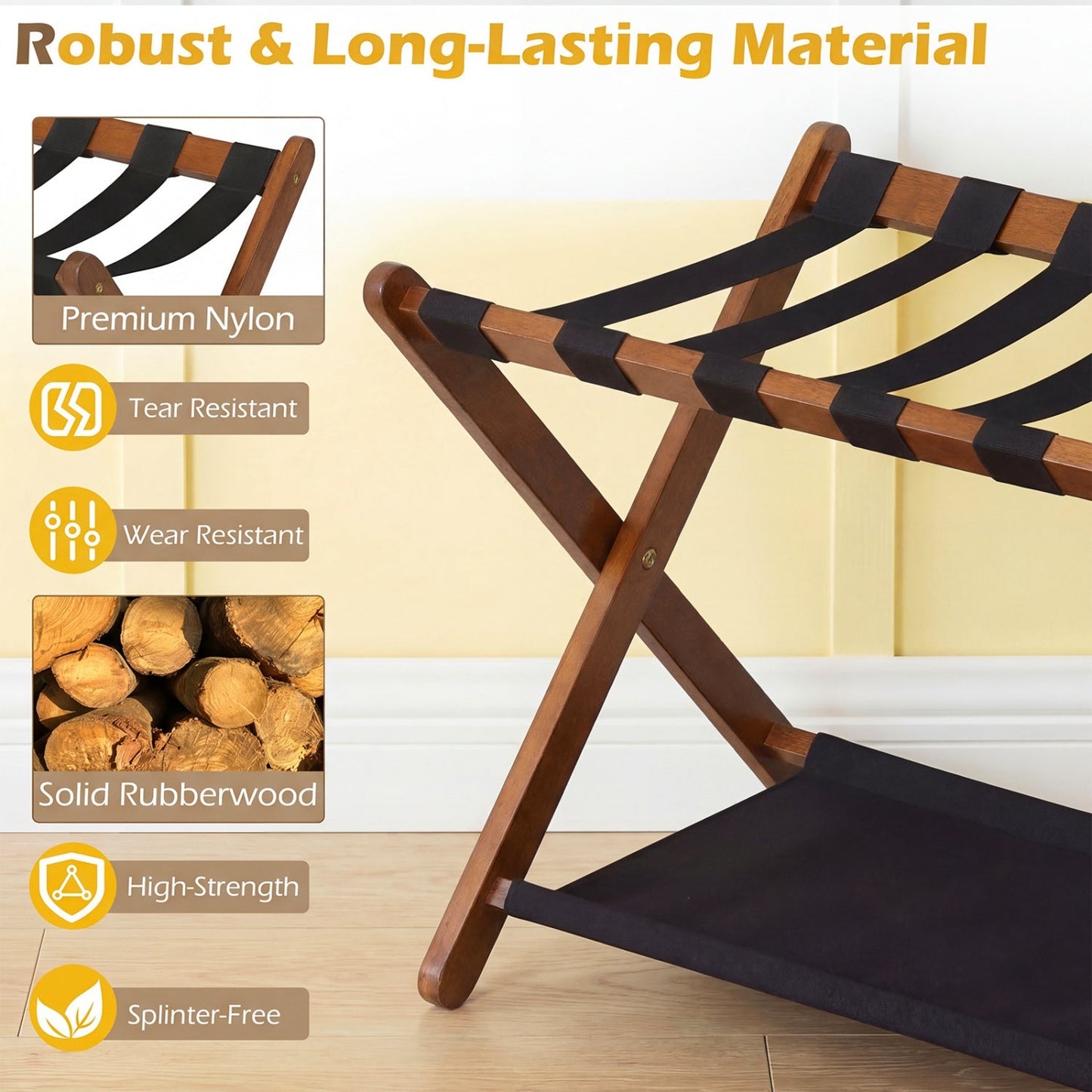 Folding Luggage Rack | Solid Rubberwood | 2-Tier | 110 lb Capacity | Fits 61–71cm Luggage | Brown or White