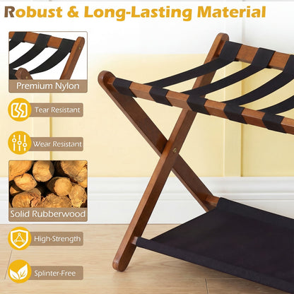 Folding Luggage Rack | Solid Rubberwood | 2-Tier | 110 lb Capacity | Fits 61–71cm Luggage | Brown or White