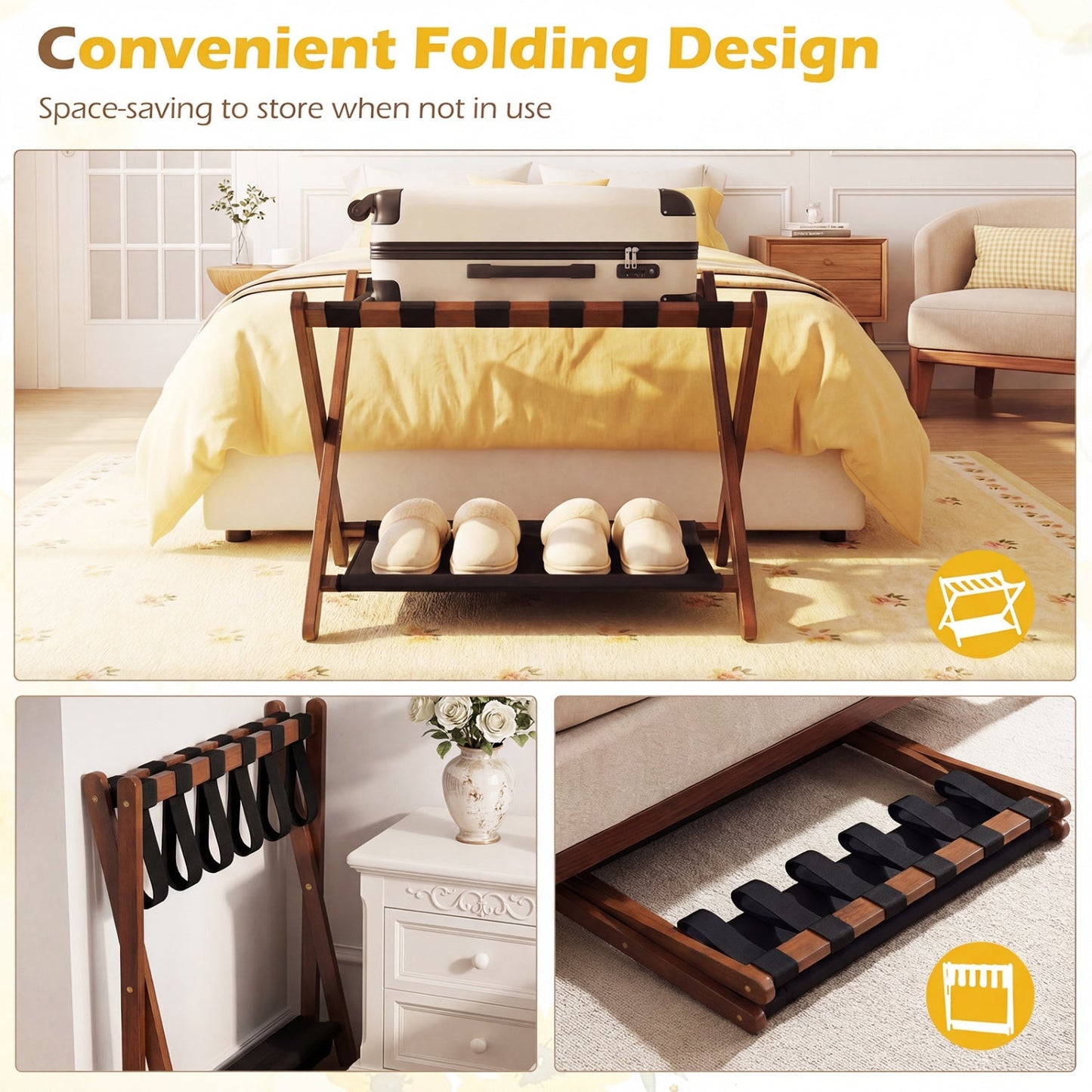 Folding Luggage Rack | Solid Rubberwood | 2-Tier | 110 lb Capacity | Fits 61–71cm Luggage | Brown or White