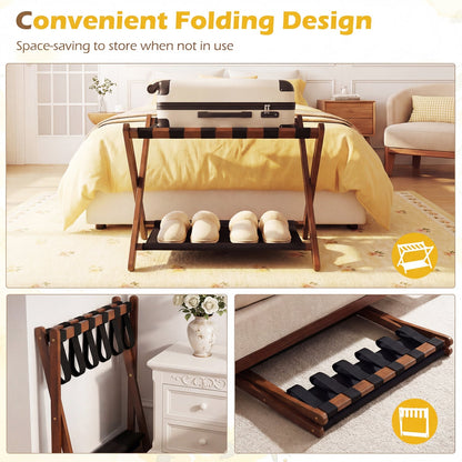Folding Luggage Rack | Solid Rubberwood | 2-Tier | 110 lb Capacity | Fits 61–71cm Luggage | Brown or White