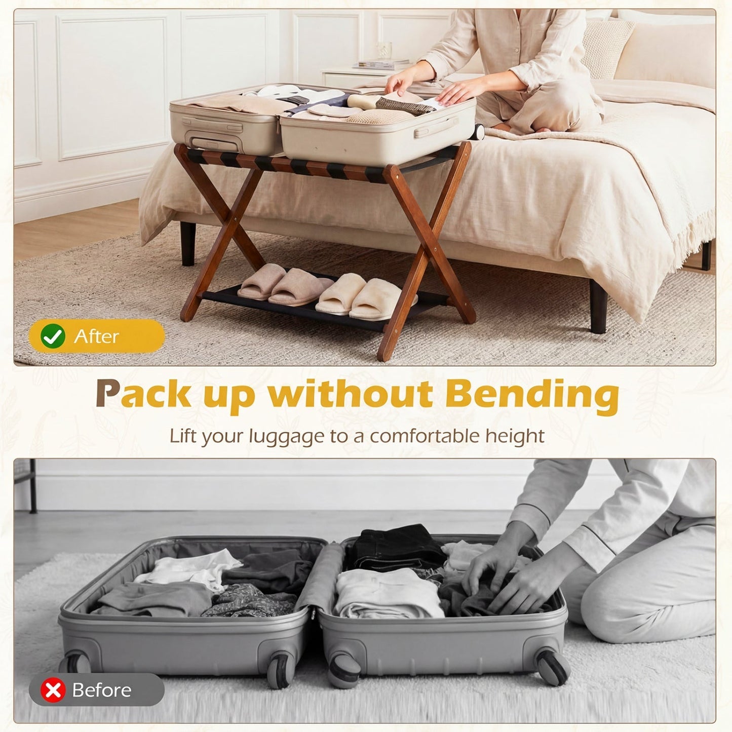 Folding Luggage Rack | Solid Rubberwood | 2-Tier | 110 lb Capacity | Fits 61–71cm Luggage | Brown or White