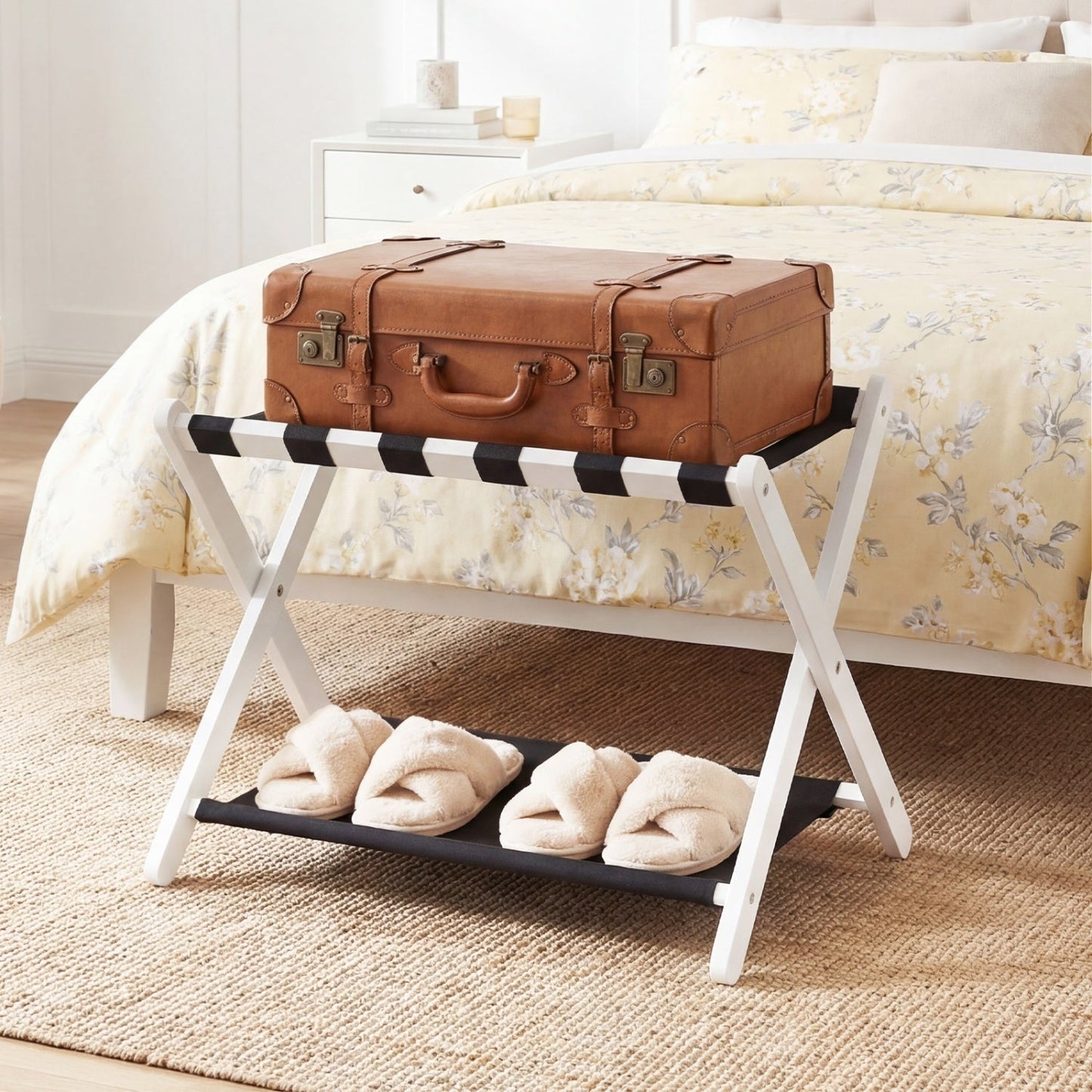 Folding Luggage Rack | Solid Rubberwood | 2-Tier | 110 lb Capacity | Fits 61–71cm Luggage | Brown or White