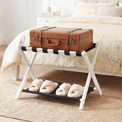 Folding Luggage Rack | Solid Rubberwood | 2-Tier | 110 lb Capacity | Fits 61–71cm Luggage | Brown or White