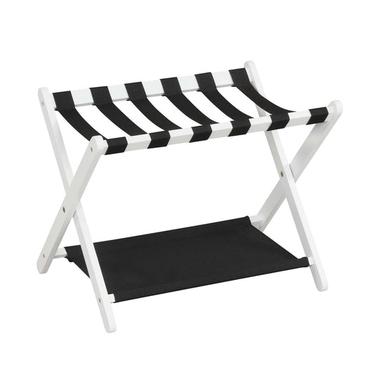 White folding 2-tier luggage rack with black striped nylon top and lower black shelf