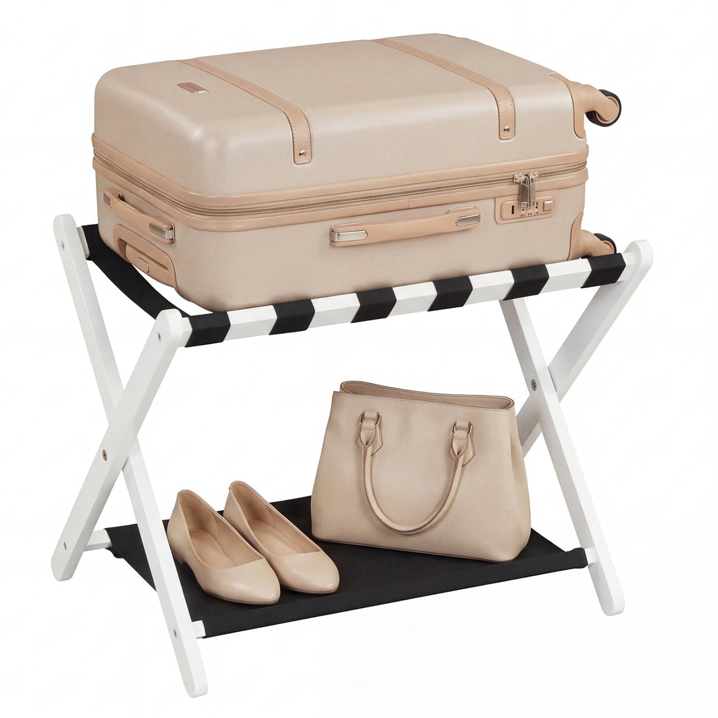 Folding Luggage Rack | Solid Rubberwood | 2-Tier | 110 lb Capacity | Fits 61–71cm Luggage | Brown or White
