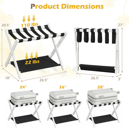 Folding Luggage Rack | Solid Rubberwood | 2-Tier | 110 lb Capacity | Fits 61–71cm Luggage | Brown or White
