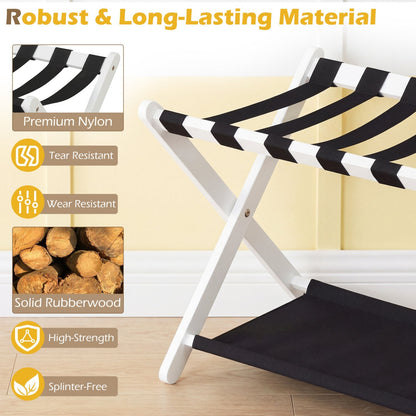 Folding Luggage Rack | Solid Rubberwood | 2-Tier | 110 lb Capacity | Fits 61–71cm Luggage | Brown or White