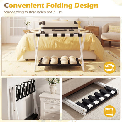 Folding Luggage Rack | Solid Rubberwood | 2-Tier | 110 lb Capacity | Fits 61–71cm Luggage | Brown or White