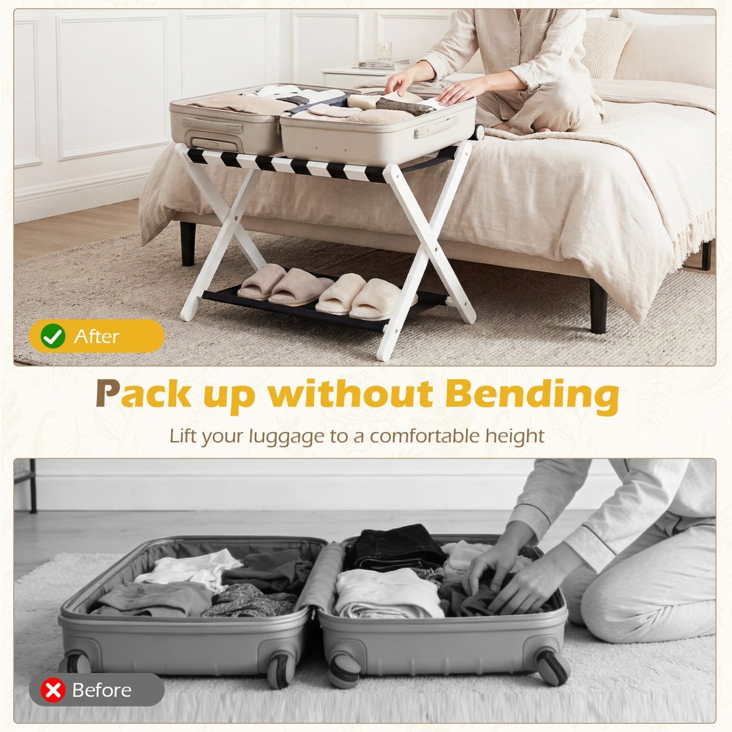 Folding Luggage Rack | Solid Rubberwood | 2-Tier | 110 lb Capacity | Fits 61–71cm Luggage | Brown or White