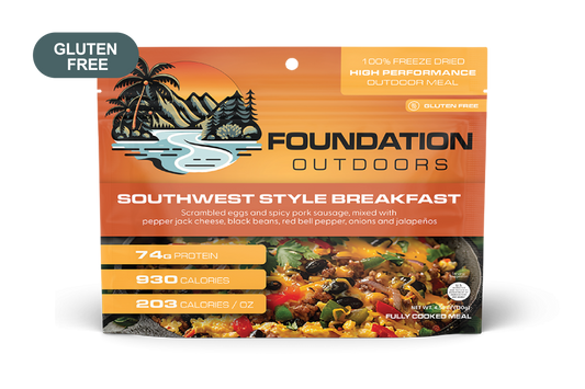 Freeze-dried Southwest style breakfast meal pouch, orange pack with gluten-free badge.