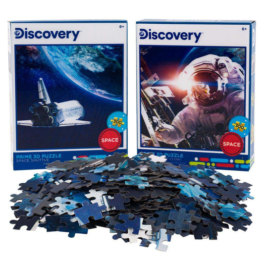 Discovery lenticular jigsaw puzzle set: astronaut and shuttle boxes with blue pieces
