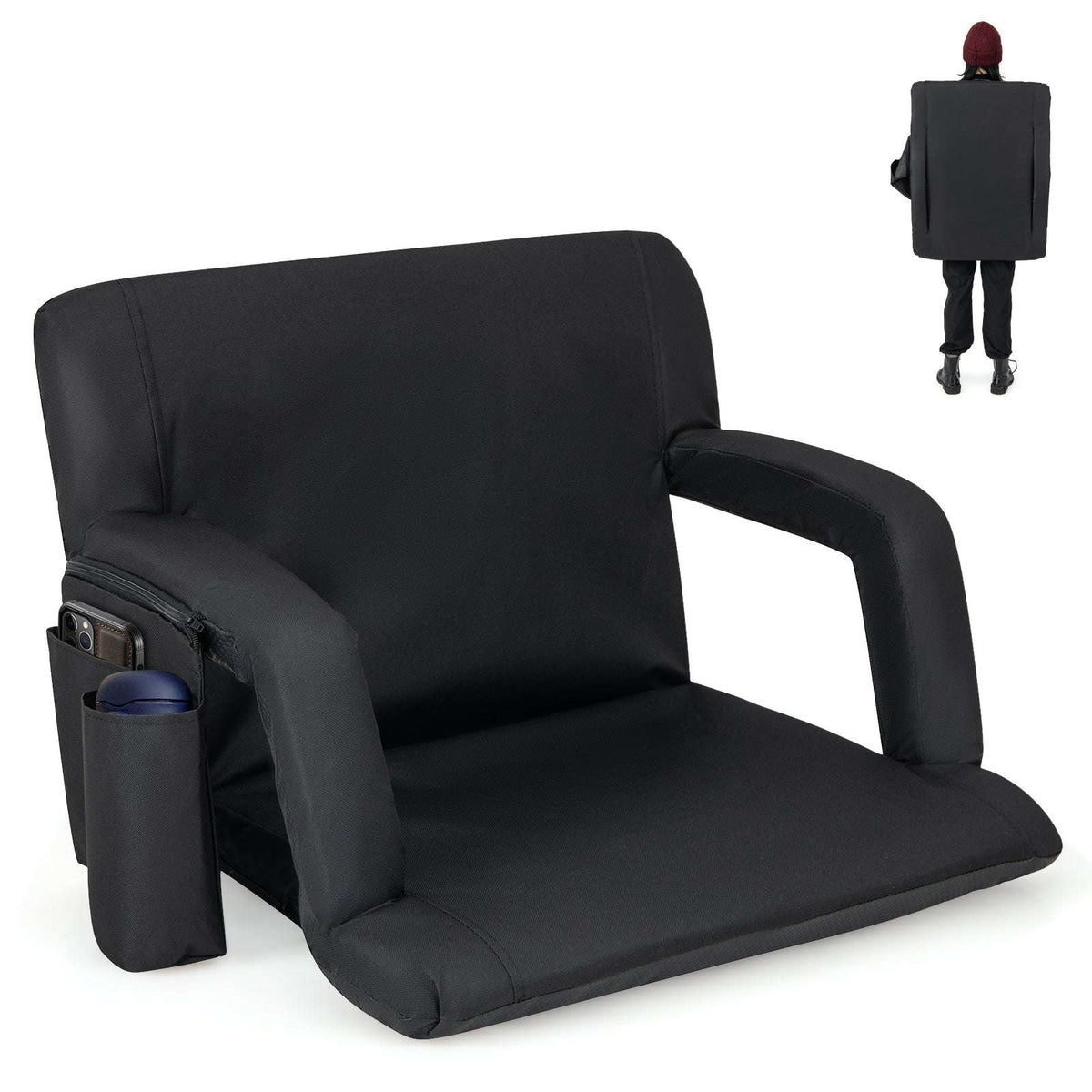 Black stadium bleacher seat with padded recline back, thick seat cushion, and cup holder