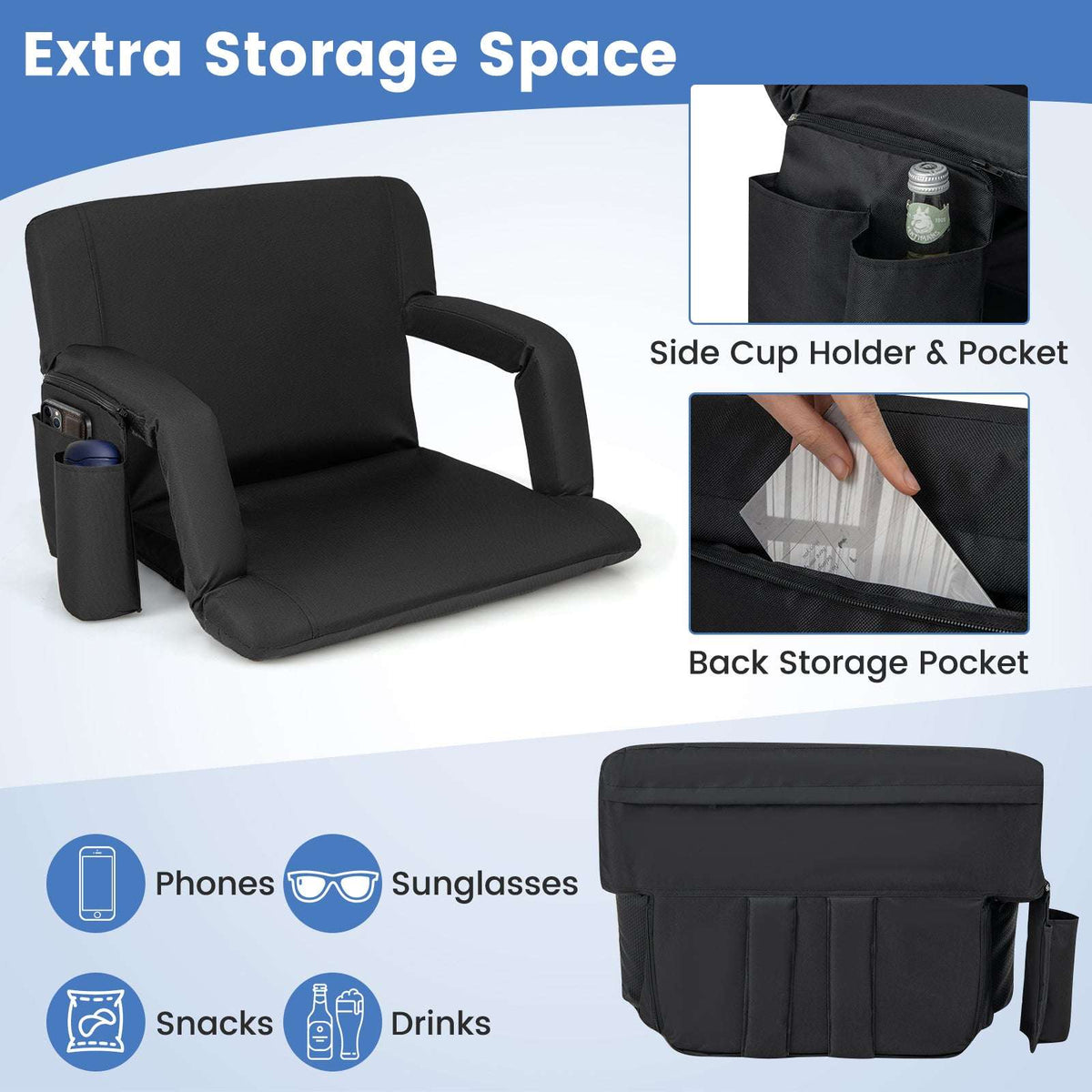 Black stadium bleacher seat with side cup holder and back storage pocket