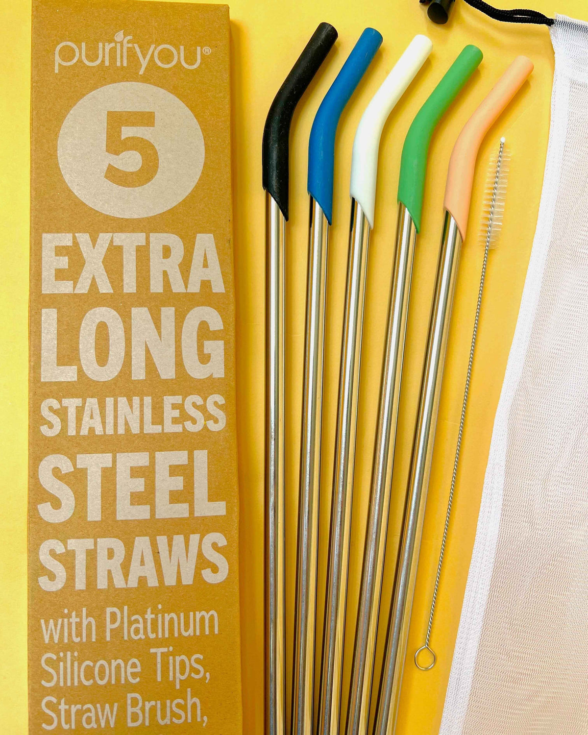 purifyou 14.5" Stainless Steel Straws with Silicone Tips - Set of 5