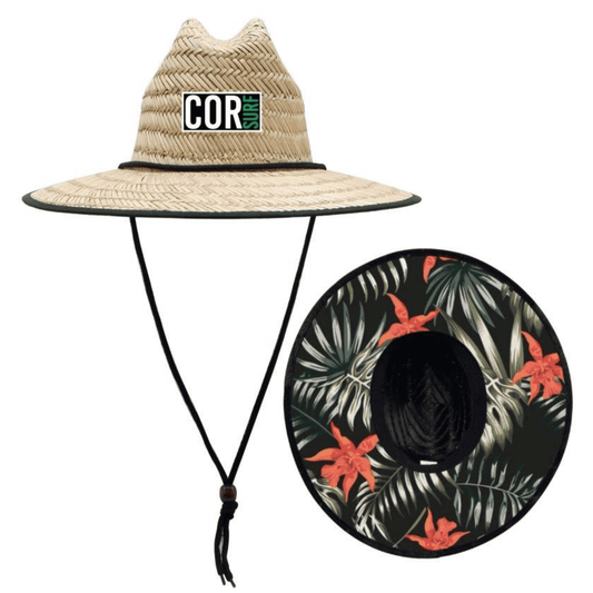 Straw lifeguard sun hat with wide natural brim and tropical-print underside, black ties.