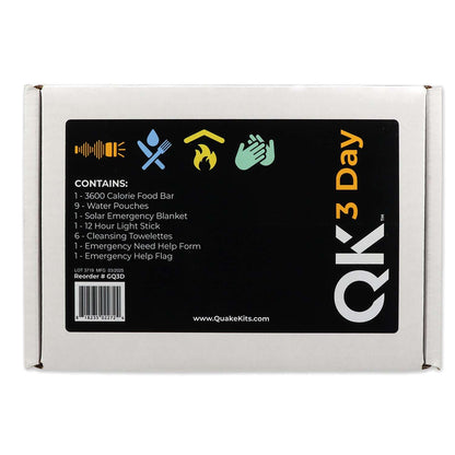 Emergency 3-day survival kit box with label icons and K3 Day text