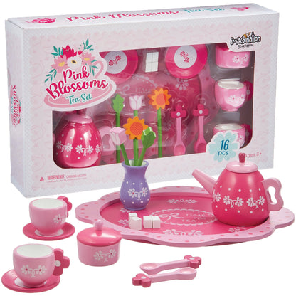 Pink Blossoms Tea Time for Two | 16-Piece Kids' Tea Set | Chucklebox - Niksstuff
