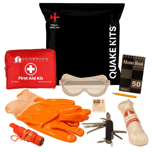 Emergency first aid survival pack with black kit bag, orange gloves, gauze, goggles, and tools