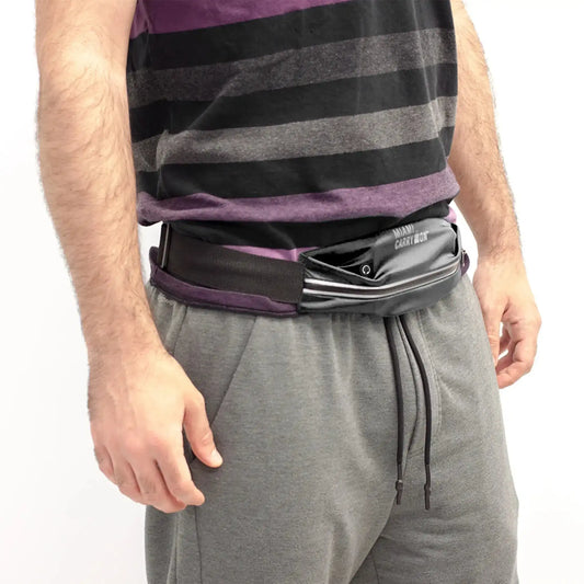 Waist-worn running belt bag with black zip compartment and adjustable strap