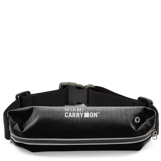 Black reflective running belt bag with zip pouch and adjustable strap