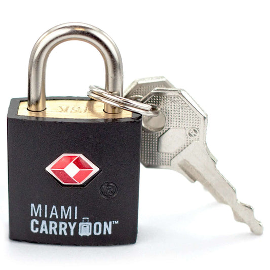 Black TSA keyed padlock with metal shackle and two keys