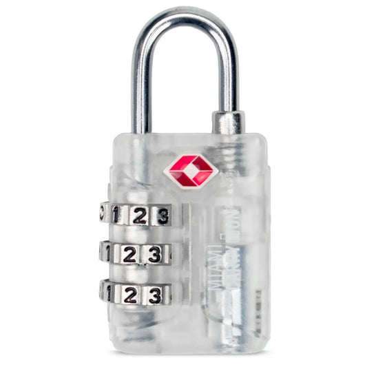 TSA-approved combination padlock with clear body, red diamond mark, three-number dials