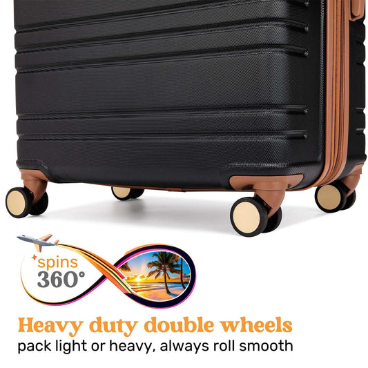 Black ABS hardshell suitcase side with ribbed panels and four tan spinner wheels
