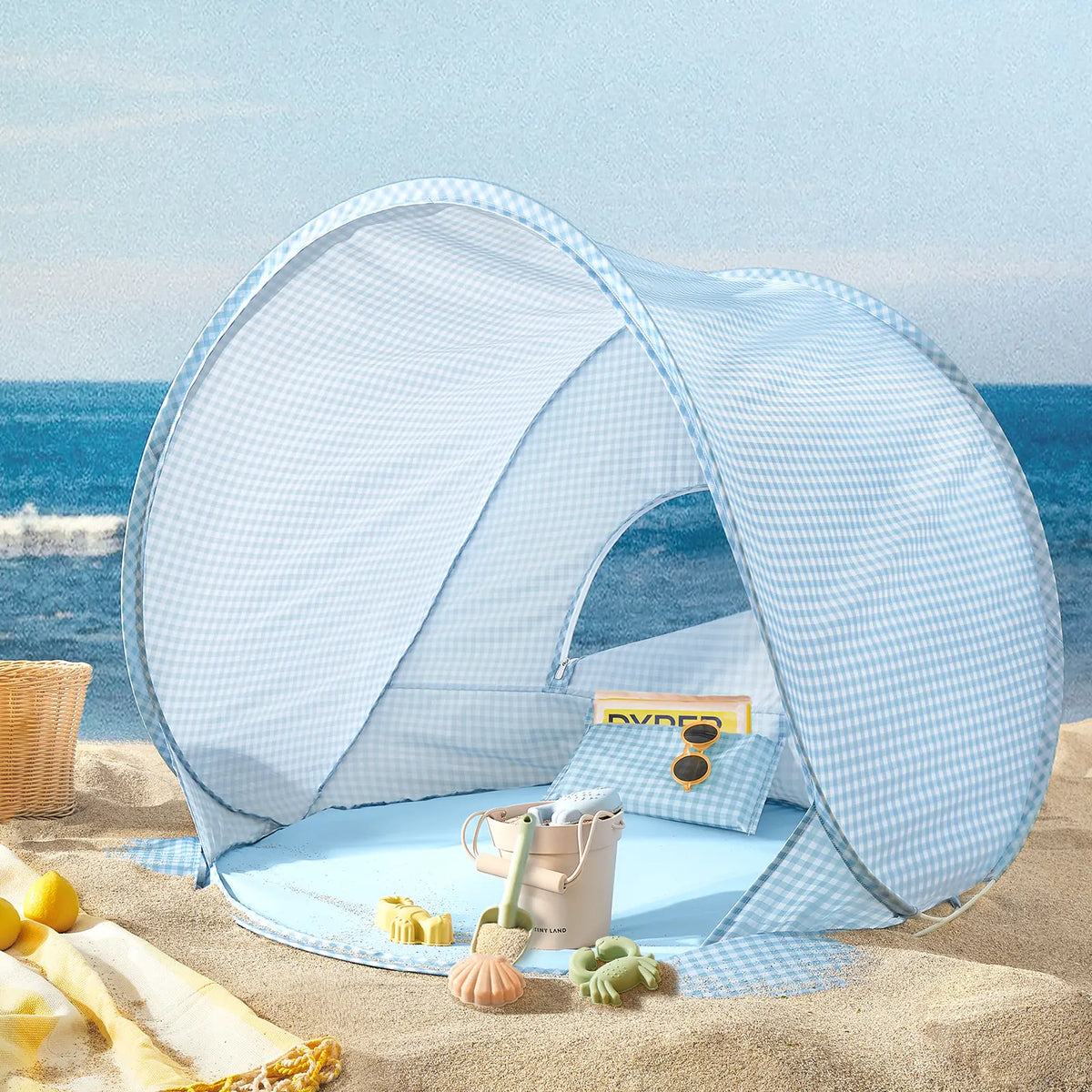 Tiny Land Kids Beach Tent Set with Sand Toys, UV Protection and Sandbag Anchors