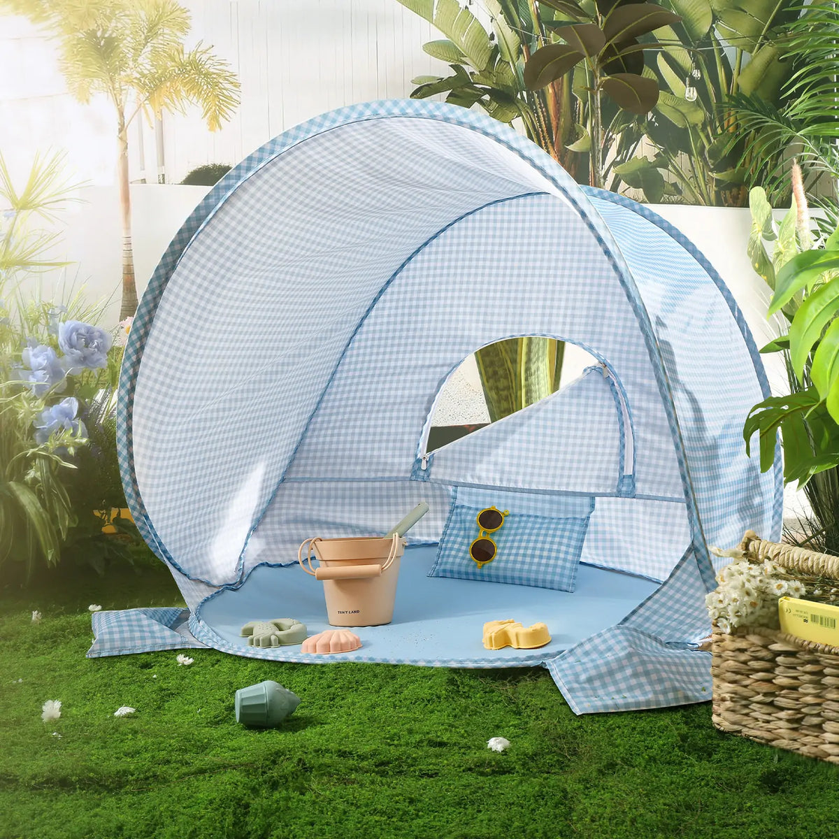 Tiny Land Kids Beach Tent Set with Sand Toys, UV Protection and Sandbag Anchors