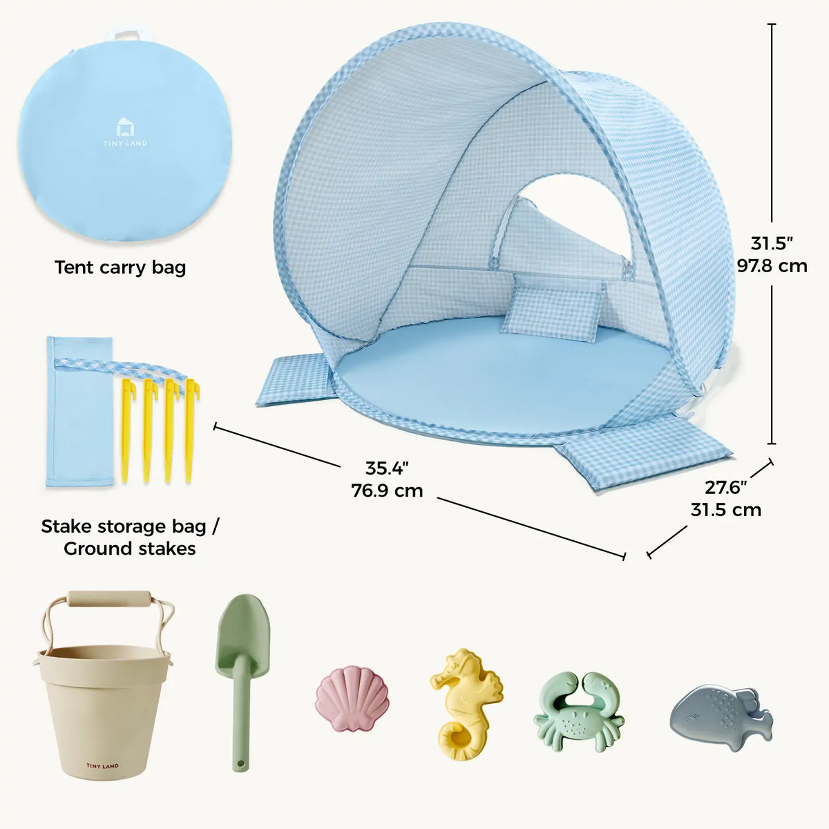 Tiny Land Kids Beach Tent Set with Sand Toys, UV Protection and Sandbag Anchors