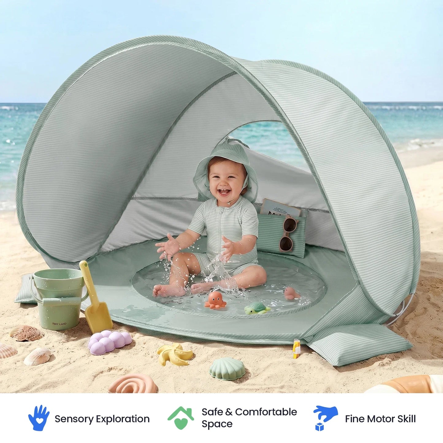 Tiny Land® 3-in-1 Baby Beach Tent with Built-In Splash Pool – UPF50+ Shade, Wind Protection & Water Play | Toddlers