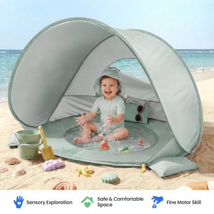 Tiny Land® 3-in-1 Baby Beach Tent with Built-In Splash Pool – UPF50+ Shade, Wind Protection & Water Play | Toddlers