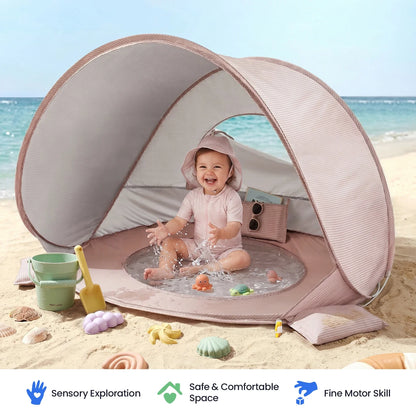 Tiny Land® 3-in-1 Baby Beach Tent with Built-In Splash Pool – UPF50+ Shade, Wind Protection & Water Play | Toddlers