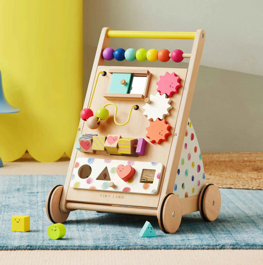 Natural wood activity walker with bead roller and shape-matching toy panels