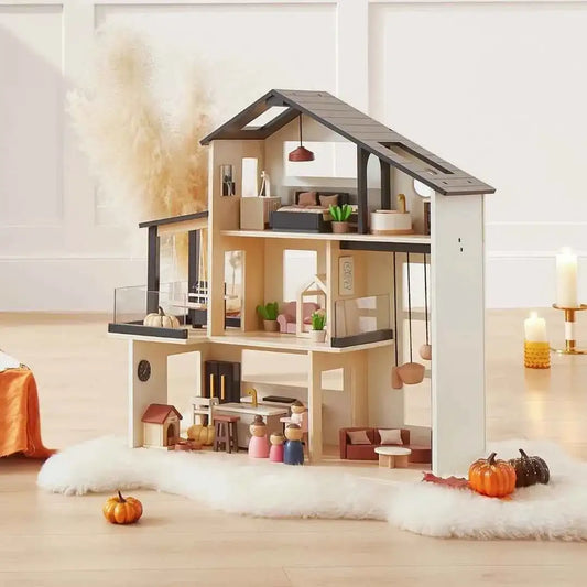 Two-story dollhouse with dark roof, clear sides, and multiple furnished rooms
