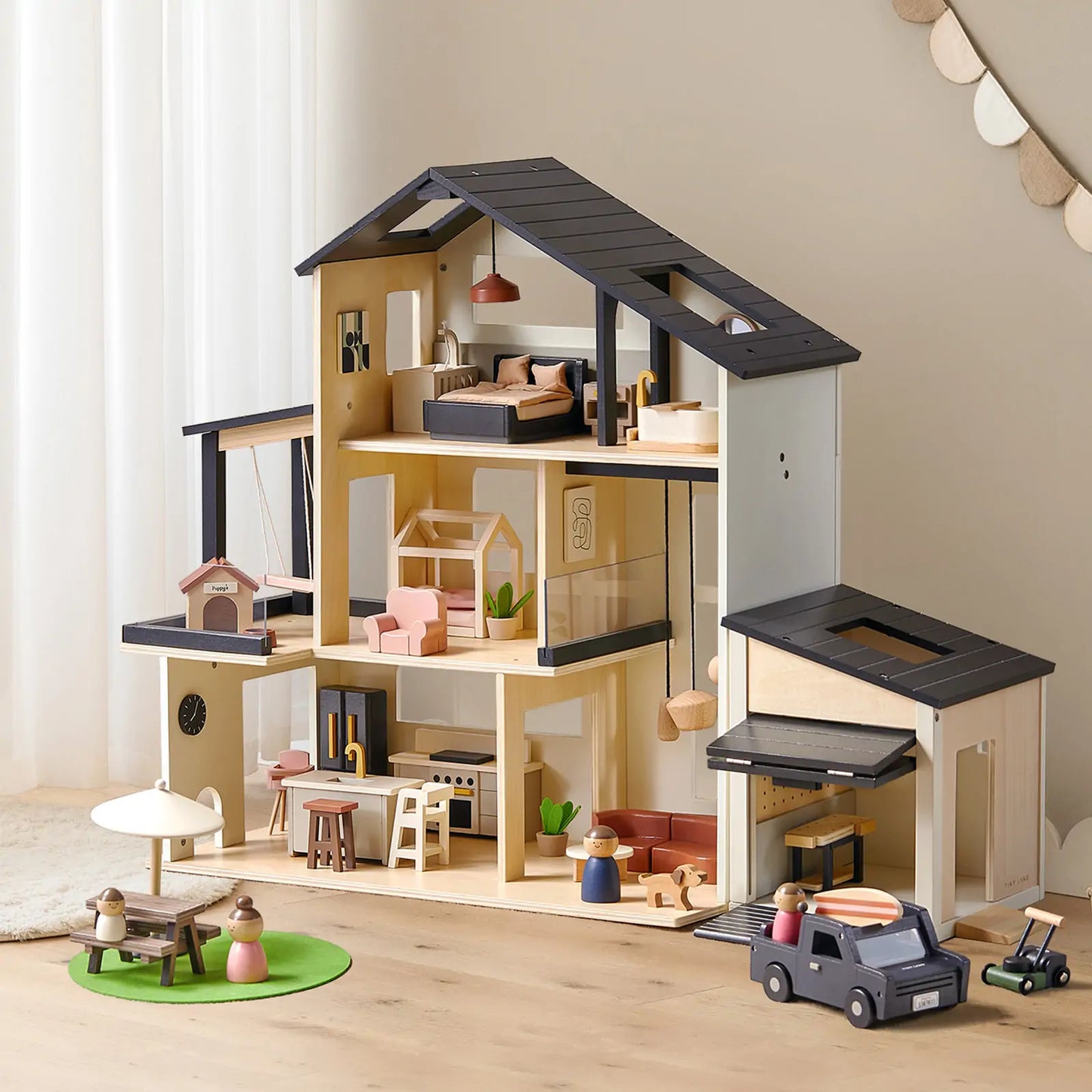 Tiny Land Sweetwood Edge Dollhouse & Garage Bundle – Modern Wooden Dollhouse with Furniture, SUV & Accessories | Ages 3+