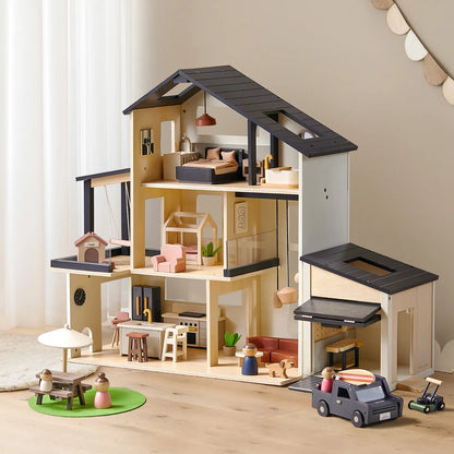 Tiny Land Sweetwood Edge Dollhouse & Garage Bundle – Modern Wooden Dollhouse with Furniture, SUV & Accessories | Ages 3+