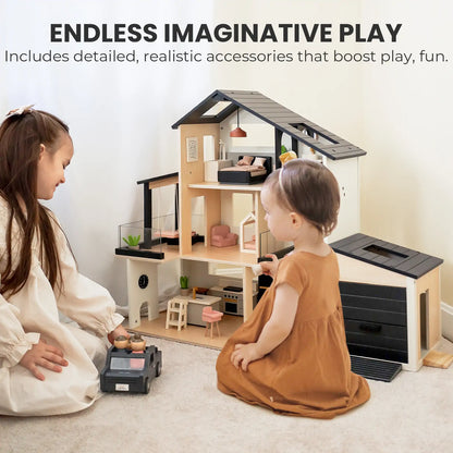 Tiny Land Sweetwood Edge Dollhouse & Garage Bundle – Modern Wooden Dollhouse with Furniture, SUV & Accessories | Ages 3+