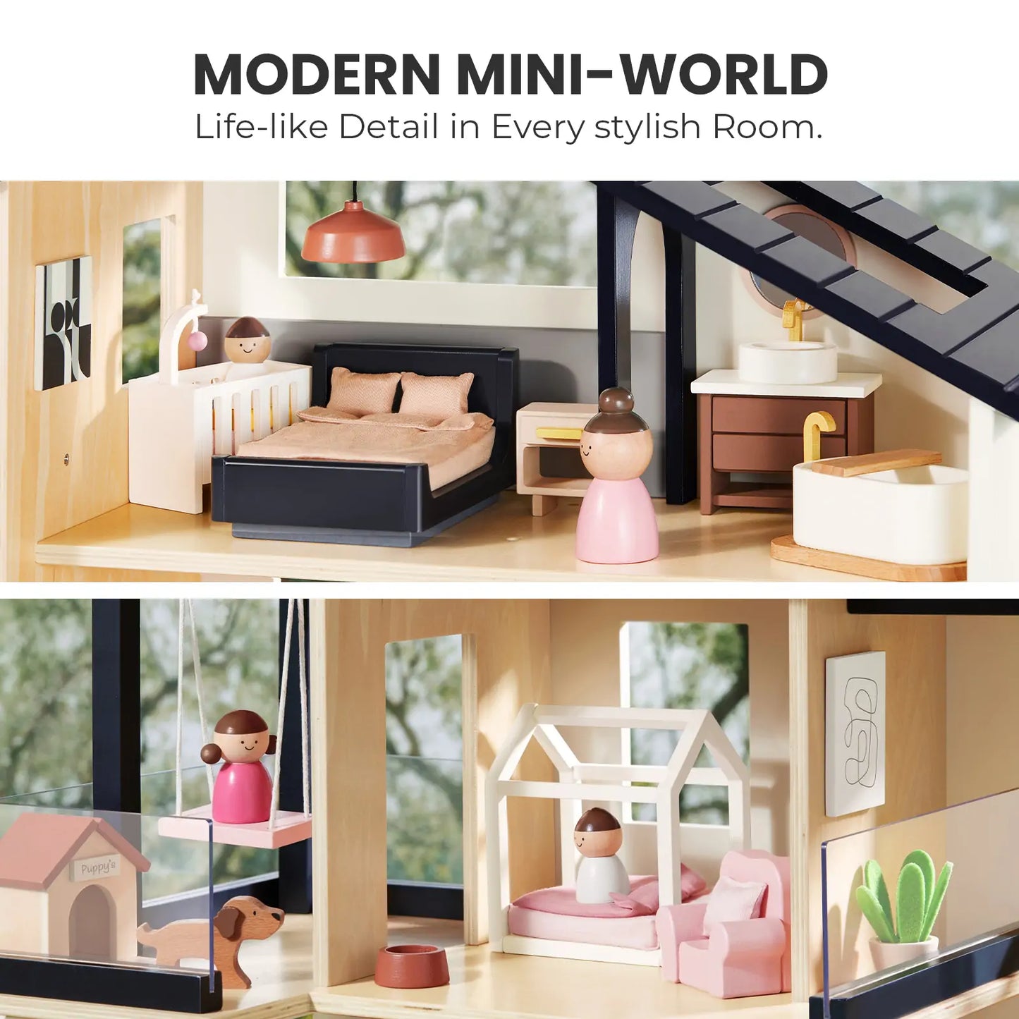 Tiny Land Sweetwood Edge Dollhouse & Garage Bundle – Modern Wooden Dollhouse with Furniture, SUV & Accessories | Ages 3+
