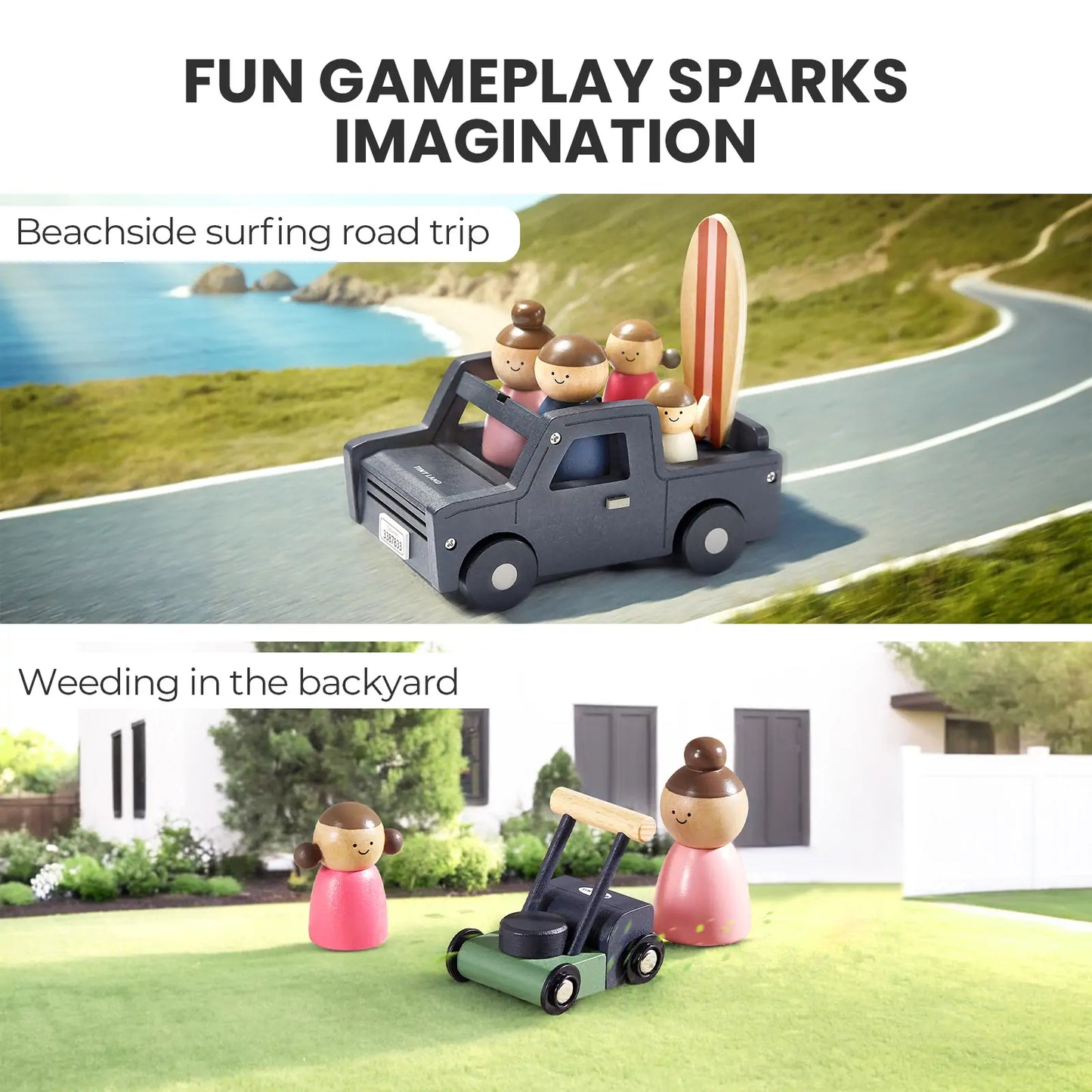 Tiny Land Sweetwood Edge Dollhouse & Garage Bundle – Modern Wooden Dollhouse with Furniture, SUV & Accessories | Ages 3+