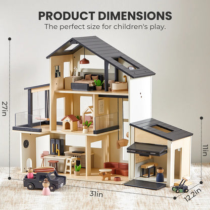 Tiny Land Sweetwood Edge Dollhouse & Garage Bundle – Modern Wooden Dollhouse with Furniture, SUV & Accessories | Ages 3+