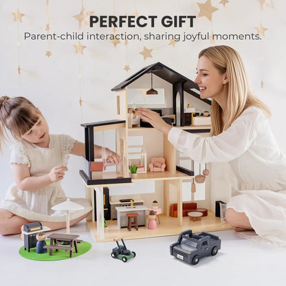 Tiny Land Sweetwood Edge Dollhouse & Garage Bundle – Modern Wooden Dollhouse with Furniture, SUV & Accessories | Ages 3+